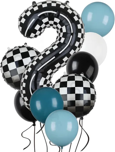 Vista 8 de Paquete de globos de auto de carreras azul y negro de 40 pulgadas, globo de números a cuadros 2 en blanco y negro, globos de látex para niños, dos