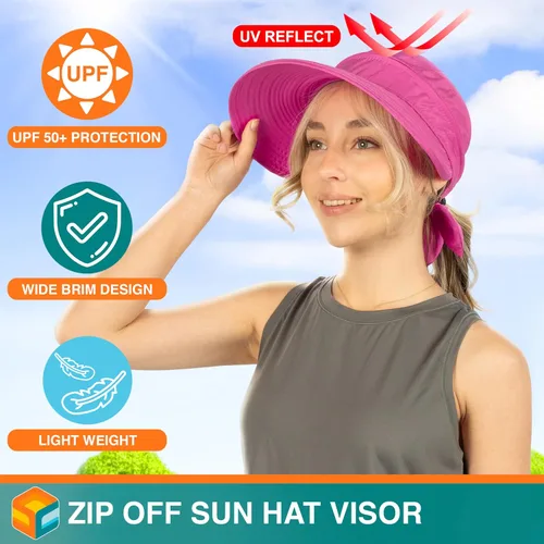 Vista 57 de SUN CUBE Sombrero de sol para mujer para protección UV al aire libre, sombrero de sol de ala ancha, cola de caballo, sombrero de playa convertible