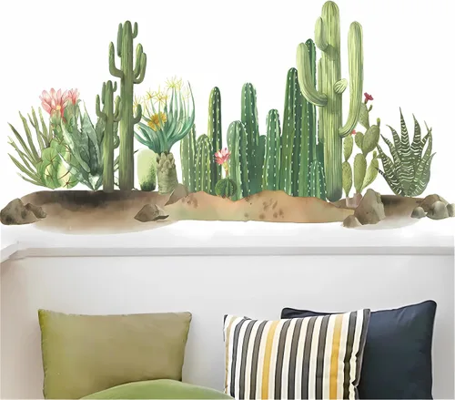 Vista 4 de Calcomanías de pared de vegetación verde de cactus, dunas de arena tropical, calcomanías de pared de plantas verdes, vinilo extraíble para sala