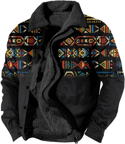 Vista 5 de LOAIHA Chaqueta de invierno para hombre, chaqueta azteca occidental para hombre, con cremallera, forro polar cálido, chaqueta vaquera, étnica vintage