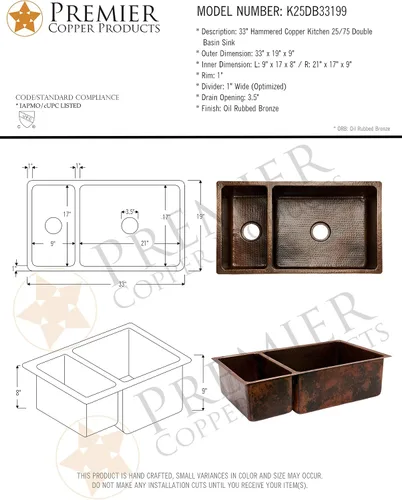 Vista 7 de Premier Copper Products K25DB33199 - Fregadero de cocina de cobre martillado de 33 pulgadas, 25/75, bronce aceitado