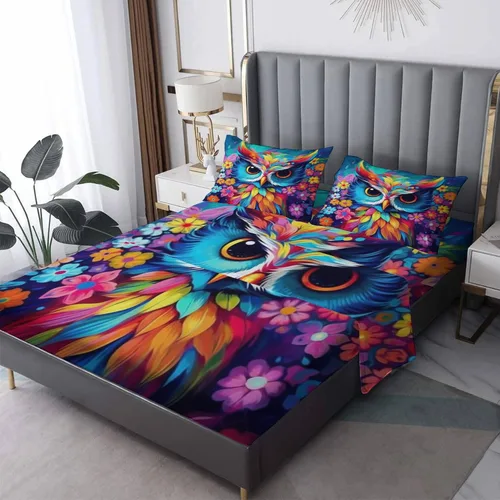 Vista 9 de Juego de sábanas de búho tamaño individual, sábanas de microfibra suave y bolsillo profundo, sábanas y fundas de almohada estampadas sin arrugas, 3