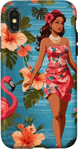 Vista 5 de iPhone 12 Pro Max Vintage Tiki Design - Funda hawaiana retro de flores hula y flamencos