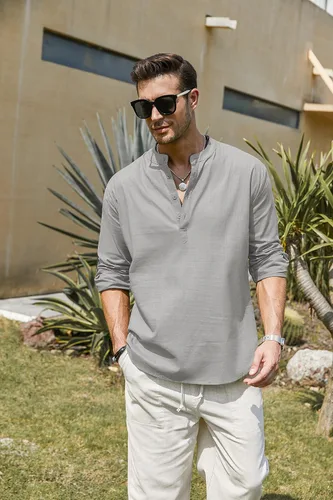 Vista 4 de COOFANDY - Camisa de lino y algodón con cuello Henley, de manga larga, estilo hippie, informal, camisetas de playa