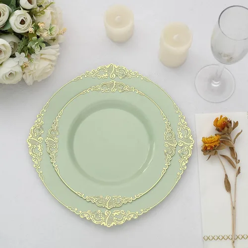 Vista 17 de Paquete de 10 platos redondos de plástico barroco dorado de 8 pulgadas para ensalada de postre, vajilla desechable con borde dorado en relieve
