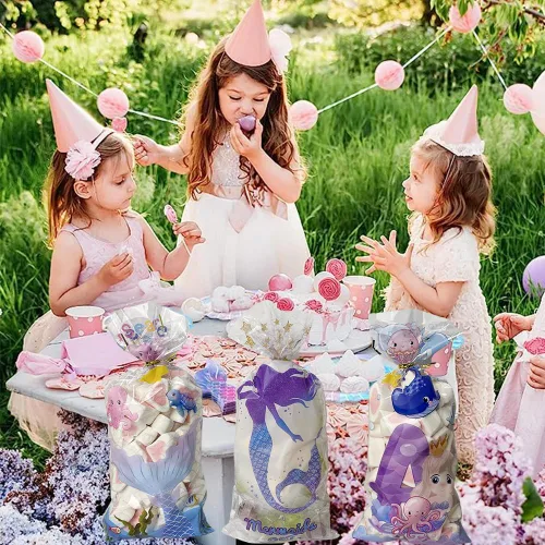 Vista 5 de 50 bolsas de celofán para dulces de sirena, bolsas transparentes para celofán, bolsas de dulces de galletas con lazos giratorios para cumpleaños
