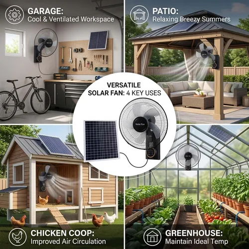 Vista 7 de Heavy Duty 16 Waterproof Solar Wall Fan - Oscillating With Remote & Timer, Adjustable 3 Speeds, Quiet For Greenhouse, Patio, Outdoor & Commercial Use