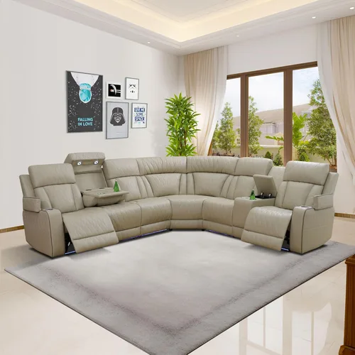 Vista 34 de Juego de sofá modular reclinable eléctrico con luz LED, juego de sofá modular reclinable de cuero, incluye sillón reclinable individual, juego