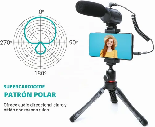 Vista 5 de Movo uVlogger - Kit de vlogging compatible con Android/USB-C Accesorios para smartphones: trípode, montaje, luz LED y micrófono de escopeta