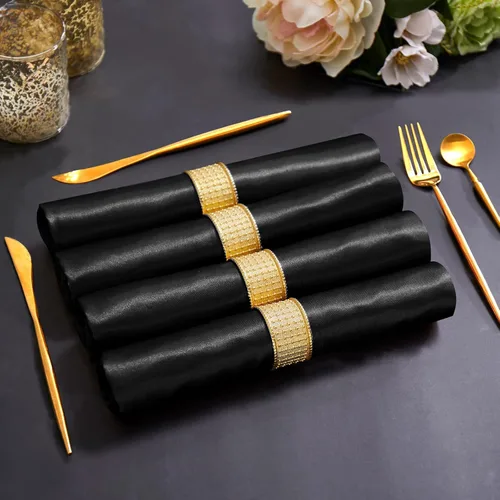 Vista 3 de Horbaunal Paquete de 30 servilletas de satén negro de 20 x 20 pulgadas, servilletas cuadradas suaves de tela sedosa, decoración de mesa para bodas