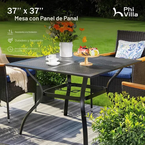 Vista 5 de PHI VILLA - Mesa de comedor al aire libre de 37 pulgadas, mesa de patio con malla de acero de metal, mesa de comedor con orificio para paraguas