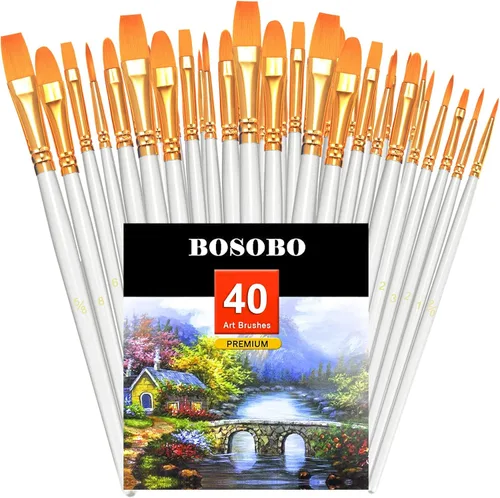 Vista 26 de BOSOBO Juego de pinceles de pintura, 10 pinceles de punta redonda puntiaguda, pinceles de nailon para artistas de cabello acrílico, acuarela