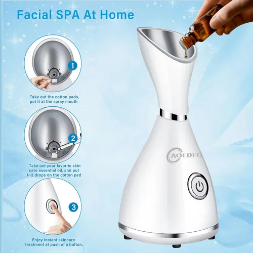 Vista 5 de Vaporizador facial nano iónico, humidificador de niebla cálida para limpieza facial profunda, kit de piel de acero inoxidable de 4 piezas, banda