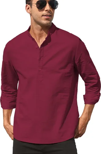 Vista 3 de ZAFUL Camisa Henley de algodón y lino para hombre, de manga larga, estilo hippie, casual, para la playa