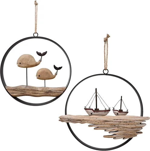 Vista 10 de Decoración de pared de madera náutica, círculo colgante de madera rústica Velero