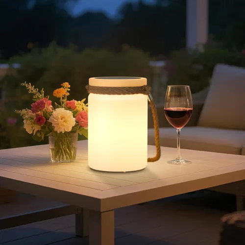 Vista 6 de uuffoo Paquete de 2 lámparas solares de mesa, impermeables, LED, inalámbricas, IP44 RGB y blanco cálido, regulables, para patio, camping