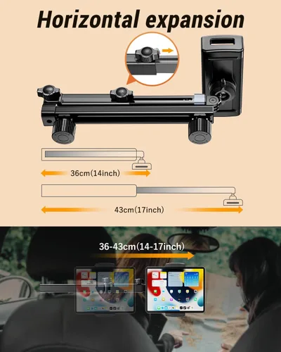 Vista 5 de Soporte para tablet con brazo de extensión para reposacabezas de automóvil, soporte ajustable para iPad para asiento trasero de automóvil, orientado