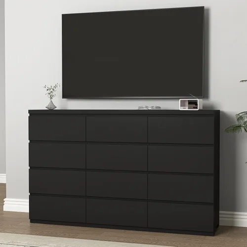 Vista 7 de Cómoda negra de 12 cajones para dormitorio, cómoda moderna con cajones profundos de 63 pulgadas, cómoda de almacenamiento ancha y larga, muebles