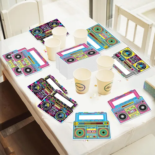 Vista 4 de 50 servilletas de radio Boombox de regreso a los años 80 y 90, decoraciones de fiesta retro en forma de boombox desechable servilleta de almuerzo