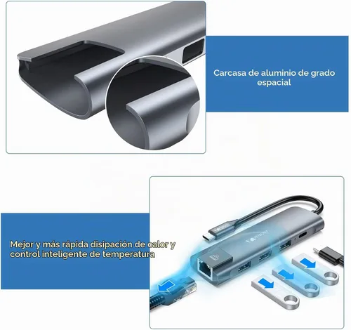 Vista 8 de VEMONT Adaptador multipuerto USB C 5 en 1, Gigabit Ethernet, 3 puertos USB 3.0, estación de acoplamiento de carga PD de 100 W compatible con MacBook