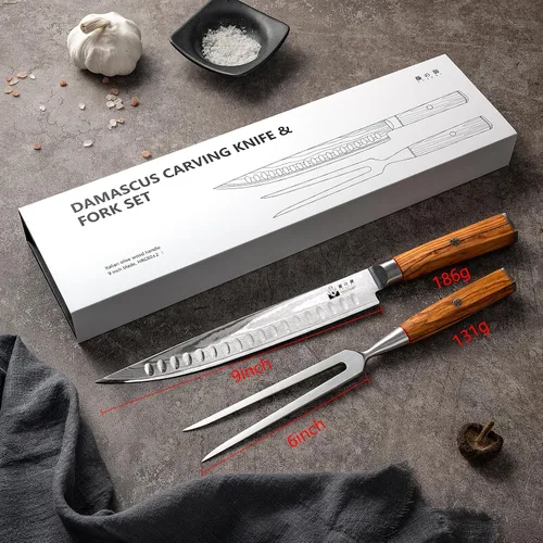 Vista 6 de Juego de cuchillos y tenedores para carne de pavo – Juego de 2 con cuchillo de corte de Damasco de 9 pulgadas y tenedor de 6 pulgadas – Acero Juego