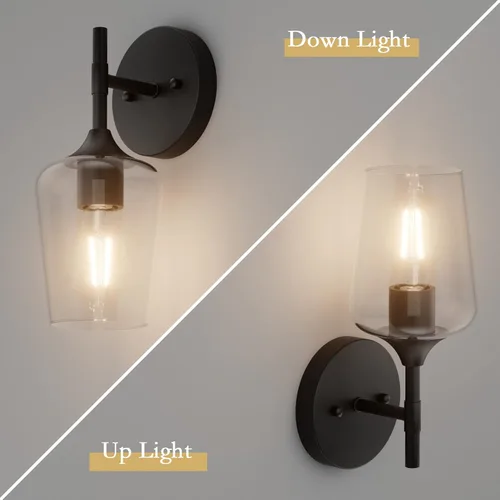 Vista 4 de Ralbay Juego de 2 apliques de pared negros mate para baño, pantalla de vidrio transparente, apliques negros para decoración del hogar, baño, cocina