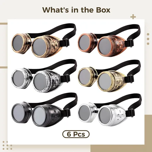 Vista 3 de Steampunk Goggles 6-Pack, Victorian Style Eyewear With Adjustable Straps, Glasses For Costumes