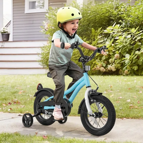Vista 2 de BABY JOY Bicicleta deportiva de 12, 14, 16, 18 pulgadas, con ruedas de entrenamiento, asiento ajustable, freno de mano y freno de posavasos