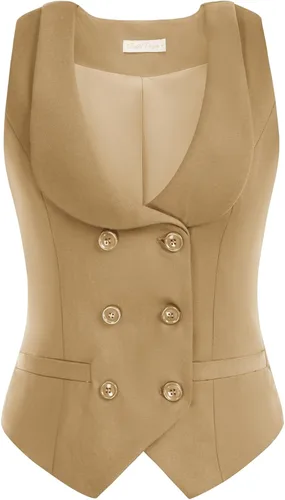 Vista 6 de Belle Poque Chaleco de doble botonadura para mujer, chaleco vintage con cuello de solapa y 2 bolsillos Verde militar