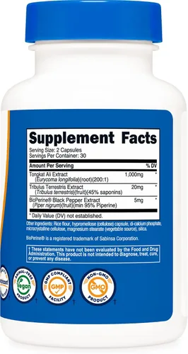 Vista 4 de Nutricost Tongkat Ali 500 mg, 60 cápsulas Tapas vegetarianas, sin OMG, sin gluten, extracto potente
