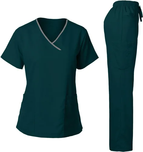 Vista 19 de Dagacci Medical Uniform® Conjunto de ropa quirúrgica para mujer – Conjunto de camisa y pantalones de contraste elástico natural para mujer – 9 Egg