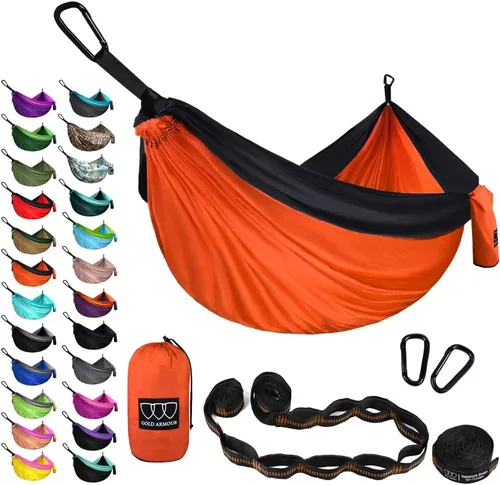 Vista 32 de Gold Armour Hamaca de camping – Hamaca doble XL, hamaca portátil, accesorios de camping, equipo para exteriores e interiores con correas de árbol