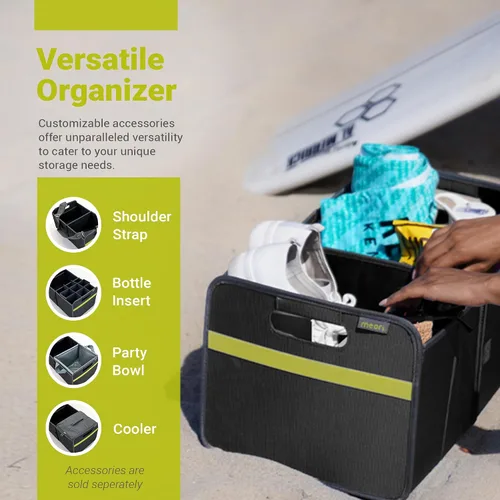 Vista 6 de meori Organizador plegable para maletero de coche con enfriador para comestibles, viajes por carretera, 2 compartimentos, bolsillo de malla