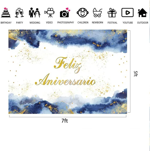Vista 6 de Lofaris Telón de fondo de feliz aniversario, decoración de fiesta de feliz aniversario, nubes de acuarela azul rubor, purpurina dorada, fondo