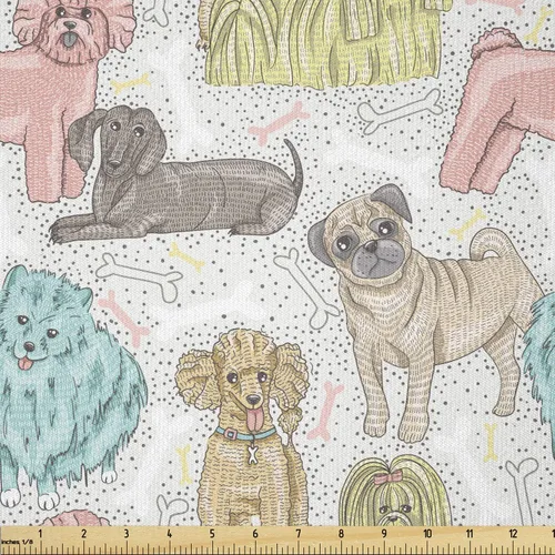 Vista 43 de Ambesonne Tela para Amantes de los Perros por Yarda, Perro Salchicha de Dibujos Animados Dachshund Cachorro con Pijamas a Rayas Flores y Mariposas