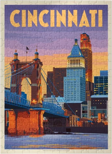 Vista 7 de MyPuzzle Cincinnati, OH: Riverfront, póster vintage, rompecabezas premium de 1000 piezas para adultos
