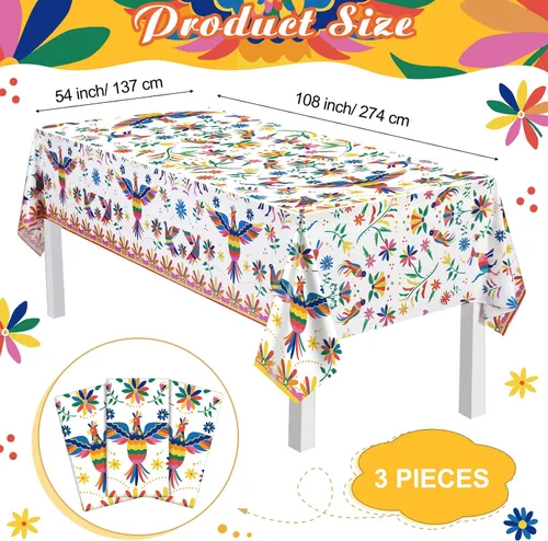 Vista 2 de Frienda 3 manteles de plástico para decoración de fiesta mexicana de 54 x 108 pulgadas, manteles desechables florales mexicanos para suministros
