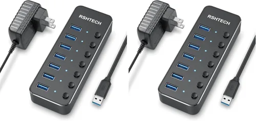 Vista 9 de RSHTECH Hub USB 3.0, expansor de concentrador USB de 7 puertos alimentado de aluminio con adaptador universal de CA de 5 V e interruptores