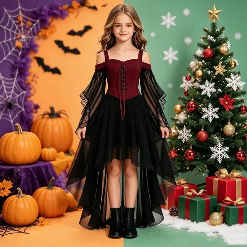 Vista 2 de NATHGAM Disfraz de Halloween para niñas, vestido de corsé de bruja vampiro Rojo