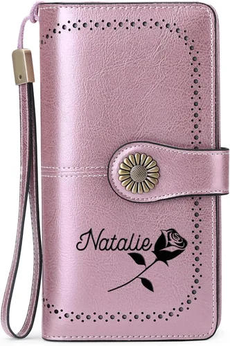 Vista 10 de Cartera de pulsera personalizada, carteras con nombre grabado personalizado con bloqueo RFID, gran capacidad, cartera de mano para tarjetas de Cuero