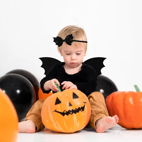 Vista 4 de JiaDuo Diadema de murciélago para bebé y niña, con lazo para disfraz de Halloween, accesorios para el cabello