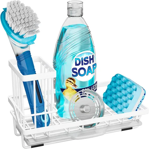 Vista 15 de Consumest Organizador para fregadero, soporte de esponja de cocina con soporte para cepillos de platos, organizador de cocina con bandeja de goteo