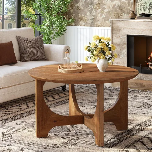 Vista 3 de Mesa de centro de madera maciza de 31.5 pulgadas, mesa central redonda de granja para sala de estar, apartamento, espacio pequeño, color marrón