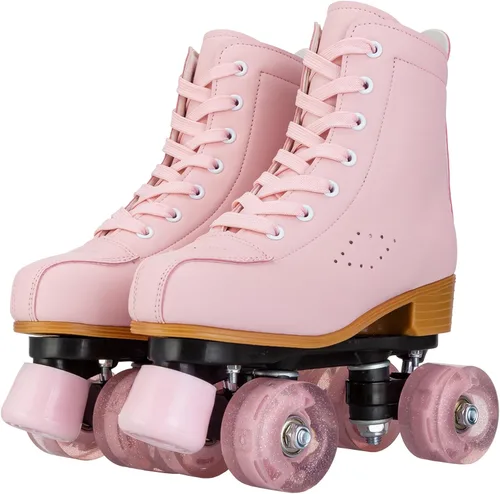 Vista 8 de YYW Patines para niñas y mujeres, fantásticos patines de piel sintética rosa y morado con luz para niños y jóvenes, para interiores y exteriores