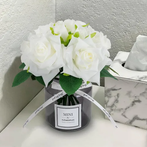 Vista 3 de XIAYAN Flor artificial y florero de vidrio, juego de botella de vidrio con rosa de seda, adecuado para sala de estar, mesa de comedor, oficina