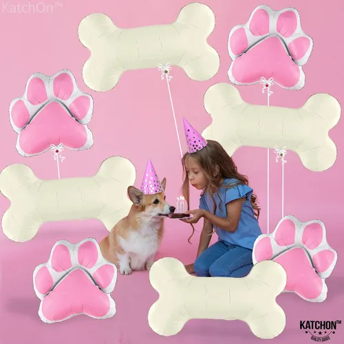 Vista 8 de KatchOn, Globo de perro para fiesta de cachorros, paquete de 14, globos de pata, globo de perro Globo rosa de hueso de perro para decoraciones