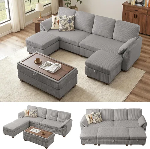Vista 13 de Sofá en forma de U de 102.3 pulgadas con 2 otomanas móviles y 1 mesa auxiliar, se convierte en sofá cama, incluye 2 almohadas para reposabrazos