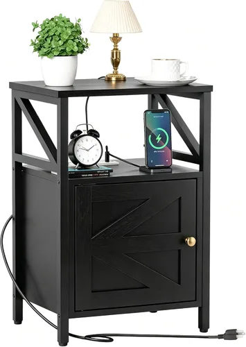Vista 8 de Mesa Auxiliar Estrecha Estilo Granja con Estación de Carga - Mesa Lateral de 3 Niveles con USB y Enchufes, Mesa de Noche Compacta de Almacenamiento