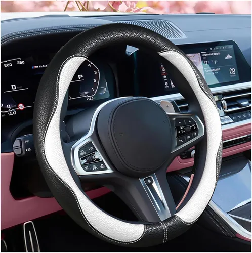 Vista 11 de SuperKaKa Funda Universal para Volante de Coche en Gris y Negro 2025, Protector de PU Cómodo, Antideslizante y Transpirable de Imitación de Cuero