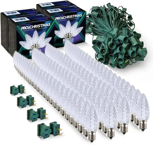 Vista 41 de Pro Christmas - Kit de luces C9 para exteriores, blanco cálido, cable verde, 50 bombillas, 50 pies
